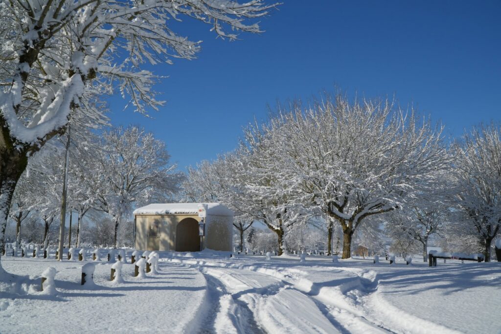 Village de Moragne sous la neige, abri bus couvert